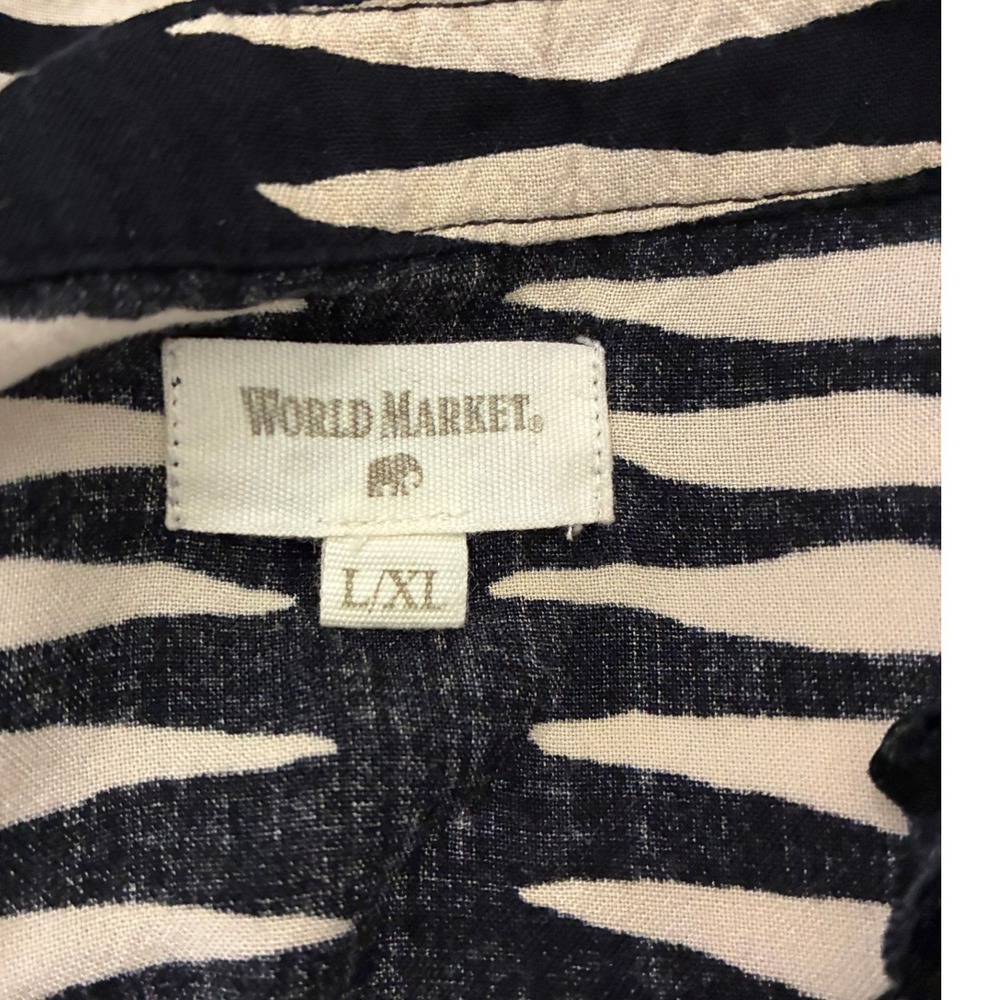 World Market Black Cream Geometric Print Viscose Midi Dress L/XL Split V-Neck - Picture 3 of 5